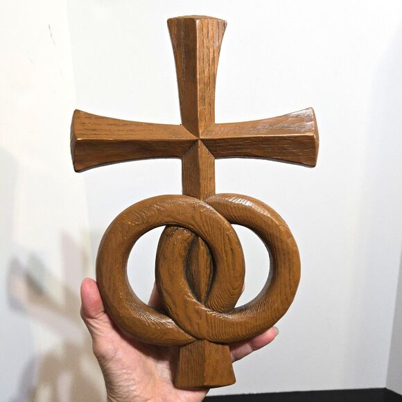 Vintage Wedding Rings Wooden Cross Wall Hanging MCM 12x8 in Religious Art - Picture 1 of 4